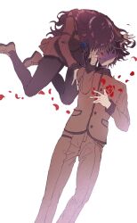 Rule 34 | 1boy, 1girl, absurdres, arm support, black pantyhose, blue bow, blue bowtie, bow, bowtie, brown eyes, brown hair, brown jacket, brown pants, brown shoes, brown skirt, fate/extra, fate (series), feet out of frame, from above, hand in another&#039;s hair, hand on own chest, hand up, highres, jacket, kishinami hakuno (female), kishinami hakuno (male), long hair, long sleeves, looking at another, lying, on back, pants, pantyhose, parted lips, petals, pleated skirt, red petals, redoxhn, rose petals, school uniform, shoes, short hair, simple background, sitting, skirt, tsukumihara academy uniform (fate/extra), white background