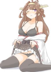 1girl ahoge akara_kai bare_shoulders black_bra black_panties black_thighhighs bra breasts brown_hair clothes_lift detached_sleeves double_bun hair_bun hairband headgear highres hot japanese_clothes kantai_collection kongou_(kancolle) kongou_kai_ni_(kancolle) lifting_own_clothes long_hair medium_breasts nontraditional_miko one_eye_closed panties purple_eyes ribbon-trimmed_sleeves ribbon_trim shirt_lift sitting skirt skirt_lift solo sweatdrop thighhighs underwear