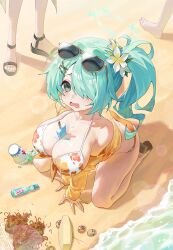 3girls absurdres aqua_hair bare_legs bare_shoulders between_breasts bikini black_sandals blue_archive blush breasts cleavage cosplay eyewear_on_head floral_print_bikini flower food green_eyes hair_flower hair_ornament hair_over_one_eye highres hiyori_(blue_archive) hiyori_(swimsuit)_(blue_archive) huge_breasts jacket kneeling long_hair looking_at_viewer multiple_girls noodles official_alternate_costume official_alternate_hairstyle open_mouth popsicle sandals side_ponytail spill sunglasses swimsuit tears u.rang white_bikini white_flower yellow_jacket