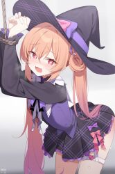 1girl :3 :d black_shirt blush bow deyui drooling grey_background hair_between_eyes hair_rings hat hat_bow heart heart-shaped_pupils highres long_hair long_sleeves looking_at_viewer miniskirt mistique_(stella_sora) mouth_drool open_mouth orange_hair pleated_skirt purple_eyes purple_skirt purple_vest red_eyes sailor_collar shirt simple_background skirt smile solo stella_sora symbol-shaped_pupils thigh_strap twintails very_long_hair vest white_sailor_collar witch_hat