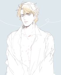 1boy bishounen blonde_hair blue_eyes closed_mouth collared_shirt dio_brando jojo_no_kimyou_na_bouken looking_at_viewer marimocham navel open_clothes open_shirt pale_color pale_skin phantom_blood shirt solo unbuttoned unbuttoned_shirt