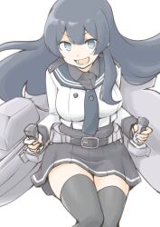 Rule 34 | 1girl, agano (kancolle), akara kai, artillery, belt, black hair, black sailor collar, black shirt, black skirt, black thighhighs, blush, breasts, cannon, dress shirt, gloves, green eyes, highres, kantai collection, large breasts, long sleeves, looking at viewer, machinery, necktie, open mouth, original remodel (kantai collection), pleated skirt, rigging, sailor collar, sailor shirt, school uniform, ship turret, shirt, skirt, smile, solo, thighhighs