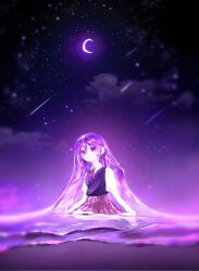 Rule 34 | 1girl, cardigan, closed mouth, collared shirt, colored skin, crescent moon, highres, kneeling, liquid hair, long hair, looking at viewer, mari (headspace) (omori), mari (omori), moon, neckerchief, night, night sky, omori, outdoors, pleated skirt, purple eyes, purple hair, purple theme, red neckerchief, red skirt, rice burgerr, school uniform, shirt, shooting star, short sleeves, skirt, sky, smile, solo, star (sky), starry sky, very long hair, water, white skin