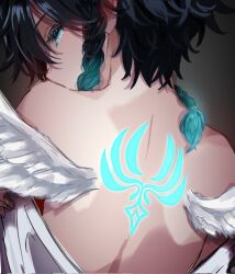 1boy anemo_symbol_(genshin_impact) angel_wings bare_back bare_shoulders black_hair blue_hair braid facing_away fugusashi_(fgss2089) genshin_impact glowing glowing_eye highres looking_back multicolored_hair pale_skin short_hair twin_braids venti_(genshin_impact) wings