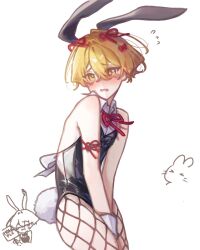 1boy animal_ears black_leotard blonde_hair embarrassed fake_animal_ears fake_tail fishnet_pantyhose fishnets highres leotard limbus_company looking_at_viewer male_focus male_playboy_bunny open_mouth pantyhose playboy_bunny project_moon rabbit_ears rabbit_tail red_ribbon ribbon short_hair simple_background sinclair_(project_moon) solo standing strapless strapless_leotard tail upper_body wai_yo white_background wrist_cuffs yellow_eyes
