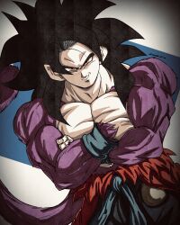Rule 34 | absurdres, black hair, blue sash, body fur, dougi, dragon ball, dragon ball heroes, highres, long hair, male focus, monkey boy, monkey tail, muscular, muscular male, noir illust, open mouth, pants, pectorals, red fur, saiyan, sash, smirk, son goku, son goku (xeno), spiked hair, super saiyan, super saiyan 4, tail, time patrol (dragon ball), wristband