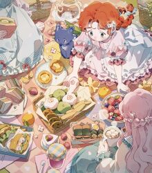 3girls arm_support basket blue_bow blue_dress blueberry blush bow braided_twintails cake cake_slice carol_cao closed_mouth commentary cookie crumbs cup dress egg_sandwich flower food frilled_dress frills fruit glass_teapot grapes green_dress green_eyes grey_cat hair_bow hair_flower hair_ornament half_up_braid hand_on_ground hardboiled_egg highres holding holding_cup holding_food holding_sandwich hot_chocolate jam jar kneeling long_sleeves looking_at_food madeleine marshmallow multiple_girls napkin on_blanket orange_(fruit) orange_peel original outdoors pastry picnic picnic_basket picnic_blanket pink_dress pink_hair plate puffy_short_sleeves puffy_sleeves red_hair sandwich short_sleeves spoon steam steamed_bun strawberry sushi two-handed white_flower
