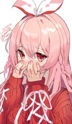 1girl blush braid dated hair_ribbon hands_up highres indie_virtual_youtuber kobutanori long_hair long_sleeves looking_at_viewer nail_polish nose_blush pink_hair pink_nails pinku_(vtuber) puffy_long_sleeves puffy_sleeves red_eyes red_sweater ribbon signature simple_background sleeves_past_wrists solo sweat sweater twin_braids upper_body virtual_youtuber white_background white_ribbon