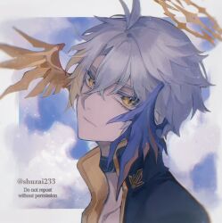 Rule 34 | 1boy, alternate eye color, antenna hair, asymmetrical wings, black choker, black jacket, choker, closed mouth, collarbone, english text, gold halo, grey hair, half-closed eyes, halo, head wings, highres, honkai: star rail, honkai (series), jacket, looking at viewer, male focus, mismatched wings, parted bangs, phainon (honkai: star rail), short hair, shuzai233, solo, spiked halo, twitter username, upper body, wings, yellow eyes