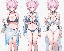 1girl bare_shoulders bikini black_choker blue_archive blue_bikini blush breasts choker closed_mouth collarbone covered_navel double_bun hair_bun halo highres holding_back large_breasts long_sleeves looking_at_viewer navel one-piece_swimsuit pink_eyes pink_hair pink_halo sarong simple_background smile solo_focus stomach swimsuit thighs tomoe_(blue_archive) white_background white_one-piece_swimsuit white_sarong yomizu_(rdad3278)
