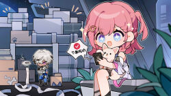 1boy 1girl animal arlan_(honkai:_star_rail) asta_(honkai:_star_rail) black_footwear blue_eyes box braid cardboard_box chibi chinese_commentary chinese_text dark-skinned_male dark_skin dog highres holding holding_phone honkai:_star_rail honkai_(series) indoors looking_at_phone multicolored_hair official_art open_mouth paper peppy_(honkai:_star_rail) pet phone pink_hair plant robot short_hair side_ponytail sitting standing star-shaped_pupils star_(symbol) streaked_hair symbol-shaped_pupils translation_request white_hair working