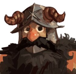 1boy black_hair dungeon_meshi dwarf expressionless fake_horns helmet horned_helmet horns ixurcafe looking_at_viewer male_focus mustache painterly portrait senshi_(dungeon_meshi) solo thick_mustache