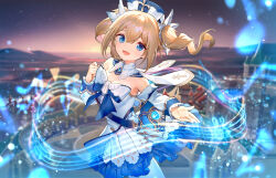 1girl ainy ankh architecture barbara_(genshin_impact) bare_shoulders beamed_eighth_notes blonde_hair blue_dress blue_eyes blurry blurry_background book book_holster bow city commentary_request cowboy_shot cross detached_collar detached_sleeves dress drill_hair eighth_note evening frilled_dress frills genshin_impact hair_between_eyes hair_ribbon hand_up highres latin_cross light_blush long_hair long_sleeves looking_at_viewer magic musical_note musical_staff off-shoulder_dress off_shoulder open_mouth outdoors outstretched_arm outstretched_hand pantyhose quarter_note revision ribbon ringlets scenery sleeve_cuffs smile solo tareme tower treble_clef twin_drills twintails two-tone_dress two-tone_headwear white_dress white_pantyhose white_ribbon white_sleeves