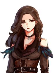 1girl belt black_choker black_eyes black_hair black_scarf breasts choker corset fantasy long_hair looking_to_the_side medium_breasts mole mole_under_mouth ombre_t red_lips scarf solo the_witcher_(series) the_witcher_3 upper_body white_background yennefer