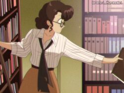 1990s_(style) 1girl animification artist_name book brenni_murasaki brown_hair earrings english_text evelyn_carnahan glasses holding holding_book jewelry ladder librarian library retro_artstyle solo sparkle_background the_mummy the_mummy_(1999)