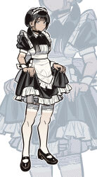 Rule 34 | 1girl, absurdres, apron, black choker, black dress, black hair, choker, clothes lift, commentary, dress, frilled apron, frilled dress, frilled headwear, frills, highres, long hair, looking at viewer, maid, maid apron, maid headdress, margare, mary janes, original, shoes, skirt, skirt lift, solo, symbol-only commentary, thighhighs, twintails, white apron, white thighhighs, wrist cuffs, zoom layer