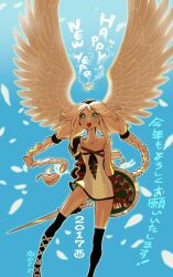 1girl 2017 :o aqua_eyes bengus bird_wings black_socks braid chinese_zodiac collarbone dress feathered_wings happy_new_year head_wings holding holding_shield holding_sword holding_weapon kneehighs long_hair looking_up new_year open_mouth original shield short_dress single_bare_shoulder single_shoulder_pad socks solo strapless strapless_dress sword teeth translation_request twin_braids upper_teeth_only weapon white_dress white_hair white_wings wings year_of_the_rooster