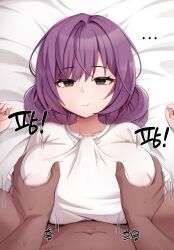 ... 1boy 1girl :t absurdres bed_sheet black_eyes black_survival boy_on_top breasts chewing closed_mouth clothed_female_nude_male clothed_sex double_bun eternal_return:_black_survival expressionless grabbing_another&#039;s_breast groping hair_bun hands_up hetero highres huge_breasts interracial kisa_(leg3043) large_breasts long_hair looking_at_viewer lying motion_lines nia_heller nude on_back paizuri paizuri_under_clothes penis_under_another&#039;s_clothes pov pov_crotch purple_hair shirt short_sleeves solo_focus trembling white_shirt