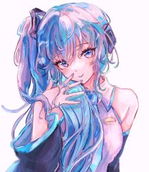 Rule 34 | 1girl, :&gt;, akari (akariimia), arm at side, bare shoulders, black sleeves, blue eyes, blue hair, blue nails, blue necktie, blue trim, breasts, closed mouth, collared shirt, commentary, detached sleeves, finger to cheek, finger to own chin, grey shirt, hair between eyes, hair ornament, hair over shoulder, hand up, hatsune miku, hatsune miku (noodle stopper), head tilt, highres, large breasts, long hair, long sleeves, looking at viewer, meme, nail polish, necktie, painterly, shirt, side ponytail, sidetail miku noodle stopper (meme), simple background, sleeveless, sleeveless shirt, smile, solo, upper body, vocaloid, white background