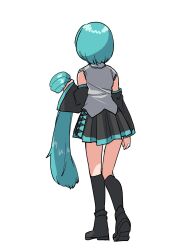 Rule 34 | 1girl, alternate hairstyle, aqua hair, bare shoulders, black skirt, black sleeves, bob cut, boots, commentary, detached sleeves, facing away, full body, fun bo, hatsune miku, highres, holding, holding own hair, kneehighs, miniskirt, open mouth, pleated skirt, shirt, simple background, skirt, sleeveless, sleeveless shirt, socks, solo, unworn wig, vocaloid, walking, white background, wide sleeves, wig