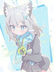 1girl animal_ear_fluff animal_ears anzen_robo_(474zz) black_jacket black_skirt blue_archive blue_eyes blue_halo blue_scarf bright_pupils closed_mouth commentary gloves green_gloves grey_hair hair_ornament halo jacket long_sleeves medium_hair miniskirt mismatched_pupils pleated_skirt scarf shiroko_(blue_archive) skirt solo v white_pupils wolf_ears wolf_girl