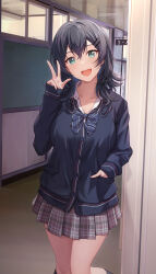 1girl :d against_wall black_footwear black_hair blue_bow blue_jacket blush bow buttons classroom collarbone collared_shirt cowboy_shot dot_nose hair_between_eyes hair_ornament hairclip hallway hand_in_pocket hand_up head_tilt highres indoors jacket kneehighs legs_together long_hair long_sleeves looking_at_viewer miniskirt open_mouth original plaid_clothes plaid_skirt pleated_skirt school shamakho shirt skirt sleeves_past_wrists smile socks solo standing striped_bow striped_clothes striped_jacket teeth thighs upper_teeth_only v white_shirt