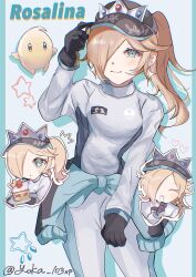 1girl absurdres biker_clothes bikesuit blonde_hair blue_eyes blush bodysuit breasts cake cake_slice closed_eyes closed_mouth clothes_around_waist crown crown_hat earrings food gloves hair_over_one_eye hat highres holding jacket jacket_around_waist jewelry long_hair long_sleeves looking_at_viewer luma_(mario) mario_(series) mario_kart mario_kart_world nintendo official_alternate_costume open_mouth plate ponytail racing_suit rosalina rosalina_(pro_racer) shirt smile solo star_(symbol) star_earrings super_mario_galaxy tight_clothes tight_shirt yoka_(103xp)