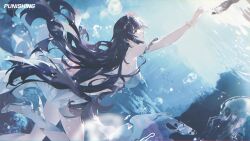 1girl absurdres alternate_costume breasts commandant_(pgr) flower hair_flower hair_ornament hanying:_solacetune_(pgr) hanying:_solacetune_(river_dancer)_(pgr) hanying_(pgr) highres large_breasts long_hair official_alternate_costume official_art punishing:_gray_raven reaching swimsuit underwater underwear very_long_hair