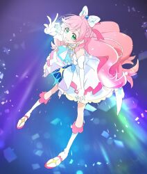 Rule 34 | 1girl, bare shoulders, blue gemstone, boots, bow, cure prism, dress, elbow gloves, full body, gem, glove bow, gloves, green eyes, grin, hair bow, hand on own thigh, hand up, highres, hirogaru sky! precure, holding, holding gem, leaning forward, legs apart, long hair, looking at viewer, medium dress, nijigaoka mashiro, pink hair, precure, smile, solo, standing, wavy hair, white boots, white bow, white dress, white gloves, yafuu