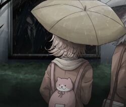 1girl 2boys animal_bag black_hair black_jacket brown_hair brown_jacket cat_bag danganronpa_(series) danganronpa_3_(anime) flipped_hair hood hood_down hope&#039;s_peak_academy_school_uniform jacket kamukura_izuru kmnm_1403 komaeda_nagito long_sleeves multiple_boys nanami_chiaki necktie pink_bag rain school_uniform solo_focus umbrella