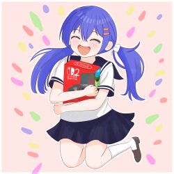 1girl black_skirt blue_hair happy highres jumping loafers low_twintails nintendo_switch_2 original reitarou_(1bf52) sailor_collar shoes skirt socks sparkle twintails white_skirt white_socks