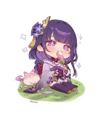 1girl absurdres armor artist_name back_bow blunt_bangs blush bow braid bridal_gauntlets chibi chibi_only dango eating food food_in_mouth genshin_impact grass hair_ornament hair_ribbon head_tilt highres holding holding_food japanese_clothes kimono long_braid long_hair long_sleeves looking_at_viewer low-tied_long_hair mole mole_under_eye multicolored_hair neck_ribbon off_shoulder on_ground outdoors plate purple_eyes purple_hair purple_kimono purple_ribbon purple_thighhighs raiden_shogun red_ribbon red_sash ribbon rudang sash shade shadow shoulder_armor single_braid sitting solo streaked_hair thighhighs wagashi white_background wide_sleeves yae_miko yae_miko_(fox)