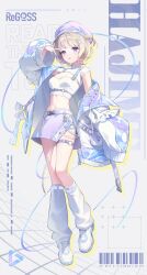 1girl :p absurdres adapted_costume barcode belt beret blade_noodle blonde_hair breasts buckle character_name cleavage_cutout clothing_cutout commentary_request crop_top drop_shadow fingernails full_body hair_ornament hand_up hat highres hololive hololive_dev_is jacket leg_warmers light_blush long_fingernails long_sleeves looking_at_viewer medium_breasts multicolored_hair navel o-ring o-ring_thigh_strap off_shoulder open_clothes open_jacket puffy_long_sleeves puffy_sleeves purple_eyes purple_hair purple_hat purple_nails purple_skirt shirt shoes short_hair short_sleeves shrug_(clothing) skirt sleeves_past_fingers sleeves_past_wrists snap-fit_buckle sneakers solo standing streaked_hair thigh_strap todoroki_hajime todoroki_hajime_(1st_costume) tongue tongue_out two-tone_hair v virtual_youtuber white_belt white_shirt white_shoes white_shrug x_hair_ornament