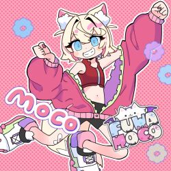 1girl animal_ear_fluff animal_ears arm_up bare_shoulders black_shorts blonde_hair blue_eyes character_name chibi clenched_hands cropped_vest dog_ears dog_girl dog_tail duel_monster full_body hololive hololive_english jacket ki-sikil_(yu-gi-oh!) live_twin_ki-sikil mococo_abyssgard multicolored_hair navel perroccino_(fuwamoco) pink_hair pink_jacket red_vest short_hair shorts simple_background solo streaked_hair tail two-tone_hair two_side_up vest virtual_youtuber wcksan yu-gi-oh!