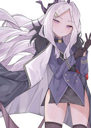 1girl absurdres ahoge ahti armband black_coat black_gloves black_skirt black_thighhighs blue_archive blush coat coat_on_shoulders demon_girl demon_horns demon_wings gloves highres hina_(blue_archive) horns long_hair looking_at_viewer purple_eyes red_armband simple_background skirt solo standing thighhighs thighs white_background white_hair wings