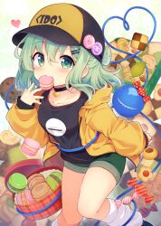 Rule 34 | 1girl, adapted costume, baku-p, black choker, black hat, black shirt, breasts, candy, checkerboard cookie, choker, clothes writing, commentary request, contemporary, cookie, cowboy shot, food, food in mouth, green eyes, green hair, green shorts, hair ornament, hair over shoulder, hairclip, hat, highres, hood, hooded jacket, jacket, komeiji koishi, leg warmers, long sleeves, looking at viewer, macaron, medium hair, shirt, shorts, small breasts, solo, third eye, touhou, white leg warmers, yellow jacket