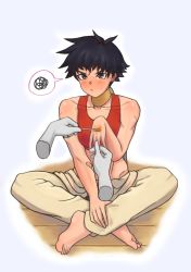 1girl absurdres animal_ears bandaid bandaid_on_arm barefoot belt black_belt black_hair blush bra breasts brown_eyes choker collarbone commentary cotton_swab cuts disembodied_hand dougi english_commentary female_focus full-face_blush full_body highres holding_hands indian_style injury karate_gi looking_at_viewer makoto_(street_fighter) martial_arts_belt midriff pov red_bra red_sports_bra ribbon_choker sharkcircuits short_hair sitting solo spoken_squiggle sports_bra squiggle street_fighter street_fighter_iii_(series) sweat toes tomboy toned underwear