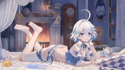 1girl absurdres ahoge alternate_costume alternate_hairstyle ass bare_shoulders bed blue_eyes blue_hair book bra breasts candle clock colored_inner_hair crossed_ankles cup curtains drop-shaped_pupils feet feet_up fireplace frills full_body furina_(genshin_impact) genshin_impact head_rest heterochromia highres indoors legs long_hair looking_at_viewer lying miao_shang_san_xiao mirror multicolored_hair no_shoes on_bed on_stomach panties picture_frame pillow smile soles solo star-shaped_pillow streaked_hair symbol-shaped_pupils teacup teapot the_pose thighhighs toes underwear white_hair white_thighhighs window