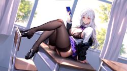 1girl aeon_fantasy aeons_echo ass black_bra black_jacket black_shoes black_thighhighs black_underwear blue_skirt blush book bow bowtie bra breasts cellphone chair classroom cleavage collared_shirt crossed_legs curtains desk full_body garter_straps highres holding holding_phone indoors jacket lace lace-trimmed_bra lace_trim large_breasts lingerie loafers long_hair long_sleeves looking_at_viewer nail_polish non-web_source off_shoulder on_desk open_clothes open_mouth open_shirt original parted_bangs persephone_(aeon_fantasy) persephone_(aeons_echo) persephone_(high_school_studen) phone plaid_clothes plaid_skirt purple_bow purple_nails purple_skirt red_eyes school_chair school_desk school_uniform shirt shoes sitting skirt slip-on_shoes smile solo thighhighs thighs underwear white_hair white_shirt window