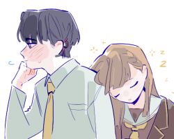 1boy 1girl adapted_uniform black_hair blazer blush borrowed_clothes breast_pocket brown_jacket collared_shirt commentary dress dress_shirt english_commentary flying_sweatdrops genderswap genderswap_(ftm) hand_on_own_chin hasu_no_sora_school_uniform hetero highres jacket jacket_on_shoulders kachimachi_kosuzu leaning_on_person leaning_to_the_side link!_like!_love_live! long_sleeves love_live! momose_ginko neckerchief pipi_(m1x_mix) pocket sailor_collar sailor_dress school_uniform shirt short_hair simple_background sleeping sleeping_upright squeans sweatdrop very_short_hair virtual_youtuber white_background white_sailor_collar white_shirt winter_uniform yellow_neckerchief zzz