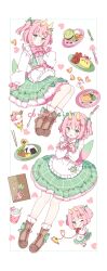 Rule 34 | 1girl, :d, ;q, absurdres, apron, blush, boots, bow, bowtie, brown boots, chibi, chopsticks, closed mouth, commentary, commission, cup, food, fork, fortune cookie (food), frilled apron, frilled skirt, frills, full body, green bow, green skirt, hair bow, heart, highres, horns, ice cream, knife, lace-up boots, long sleeves, looking at viewer, menu, multiple views, omelet, omurice, one eye closed, onigiri, open mouth, original, parfait, pink bow, pink bowtie, pink hair, plaid clothes, plaid skirt, plate, shirt, short hair, skeb commission, skirt, smile, socks, spoon, tongue, tongue out, tsukiyo (skymint), waist apron, white apron, white shirt, white socks, yellow horns