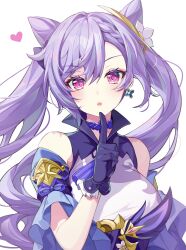 Rule 34 | 1girl, :o, absurdres, blue choker, blush, braid, braided bangs, breasts, choker, cone hair bun, detached sleeves, double bun, earrings, finger to mouth, genshin impact, hair bun, heart, high collar, highres, index fingers raised, jewelry, keqing (genshin impact), large breasts, long hair, looking at viewer, purple eyes, purple hair, ringozaka mariko, shushing, solo, twintails