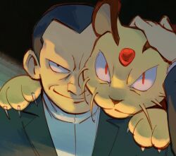 1boy arm_up black_eyes black_hair cat claws closed_mouth commentary giovanni_(pokemon) highres jacket long_sleeves lynn_(daisiloou) male_focus nintendo persian_(pokemon) pokemon pokemon_(creature) pokemon_frlg pokemon_on_back red_eyes shirt short_hair smile
