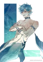 1boy abs armlet artist_name blue_hair collar collarbone crossed_arms dottore_(genshin_impact) fingernails fins genshin_impact hashtag-only_commentary jewelry lofter_username long_fingernails male_focus merman mojiuxuan monster_boy open_mouth parted_bangs pectorals pointy_ears red_eyes scar scar_on_arm scar_on_chest scar_on_stomach shark_boy sharp_fingernails short_hair simple_background smile solo stomach teeth topless_male upper_teeth_only watermark watermark_grid white_background