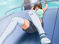1boy 1girl armlet ass blue_eyes blue_sky bracelet breasts brown_hair cameltoe cape dark-skinned_male dark_skin highres jewelry large_breasts looking_down mazaki_anzu medium_hair purple_cape sakabane_lv1 scared shirt short_shorts shorts sky sleeveless sleeveless_shirt spiked_hair thighhighs toes torture wide_hips yami_marik yu-gi-oh! yu-gi-oh!_duel_monsters
