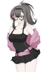 1girl ;) absurdres arknights arms_behind_back bare_shoulders belt bespectacled black-framed_eyewear black_camisole black_hair black_hairband black_skirt blush breasts camisole cleavage closed_mouth collarbone commentary cowboy_shot diamond-shaped_pupils diamond_(shape) dr.deims_(dim5s) english_commentary glasses hair_between_eyes hairband highres jacket looking_at_viewer medium_breasts medium_hair miniskirt off_shoulder one_eye_closed pink_belt pink_jacket pleated_skirt ponytail priestess_(arknights) purple_eyes roblox sidelocks simple_background skirt smile solo standing symbol-shaped_pupils teardrop-framed_glasses twitter_username white_background