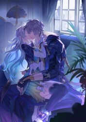 1boy 1girl absurdres black_gloves caelus_(honkai:_star_rail) closed_eyes commentary commission english_commentary firefly_(honkai:_star_rail) gloves grey_hair hetero highres honkai:_star_rail honkai_(series) kiss kiss_day long_hair long_sleeves mazesawa second-party_source short_hair sitting trailblazer_(honkai:_star_rail) window