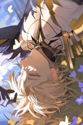 1boy absurdres alternate_form bare_pectorals black_shirt blonde_hair blue_sky cracked_skin hair_between_eyes hashtag-only_commentary highres honkai:_star_rail honkai_(series) kiraandfriends male_focus material_growth pectorals phainon_(honkai:_star_rail) shirt sky solo torn_clothes torn_shirt upper_body upside-down yellow_eyes