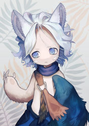 1boy absurdres aged_down animal_ears belafu belafu_(human) belafu_(narehate) blue_eyes blue_pants blue_scarf brown_fur closed_mouth commentary_request cowboy_shot feathered_wings floral_background furrification furry hands_up highres light_blush made_in_abyss maromayu medium_hair other_focus pants parted_bangs scarf shoulder_belt sideways_glance solo topless_female topless_other wavy_hair winged_arms wings