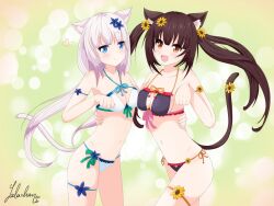 Rule 34 | 2girls, :d, animal ear fluff, animal ears, arm around waist, arm strap, bikini, black bikini, blue eyes, blue flower, blunt bangs, blush, breast press, breasts, brown eyes, brown hair, cat ears, cat girl, cat tail, chocola (nekopara), cleavage, closed mouth, collarbone, commentary, cowboy shot, criss-cross halter, english commentary, eyelashes, eyepatch bikini, floating hair, flower, front-tie bikini top, front-tie top, green background, hair flower, hair ornament, halterneck, hand up, happy, heart, lalachan208, long hair, looking at viewer, low twintails, medium breasts, multiple girls, navel, nekopara, open mouth, paw pose, ribbon, siblings, side-tie bikini bottom, signature, simple background, sisters, smile, sunflower, swimsuit, symmetrical docking, tail, tail flower, tail ornament, tail raised, tareme, thigh strap, tsurime, twins, twintails, vanilla (nekopara), very long hair, white bikini, white hair, yuri